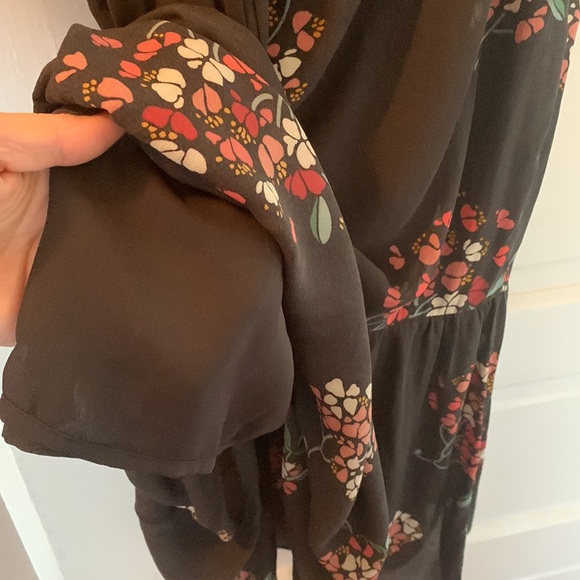 Loft charcoal grey floral chiffon maxi, lined, v neck, elastic waist,cuffs szXSP - Picture 9 of 12